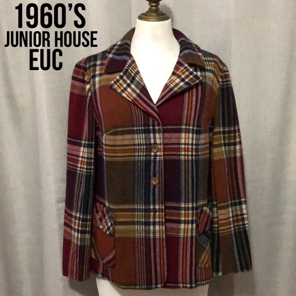 Vintage 1960’s Junior House Wool Blazer Style Jacket-Plaid-4 Button-Lined-EUC